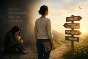 A woman walks from a dark childhood shaped by family silence and people-pleasing toward a brighter path of healing, self-worth, healthy relationships, and personal boundaries.